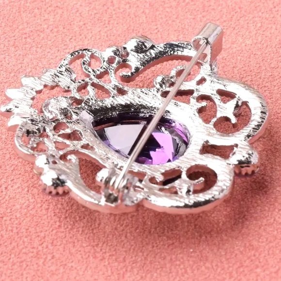 Brooch Rhinestone Elegant Filigree Purple Crystal Pin Sparkle Pear Shape Stone - Picture 3 of 5